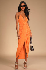Dreamy Date Orange Surplice Midi Dress
