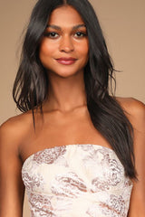 Redefine Regal Pale Pink Floral Jacquard Strapless Maxi Dress