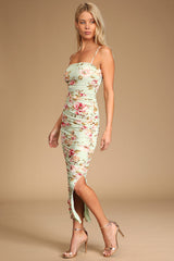 Stun and Only Sage Floral Print Ruched Mesh Bodycon Midi Dress
