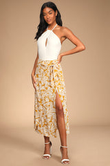 Ocean Breezes Mustard Yellow Tropical Print Faux-Wrap Midi Skirt