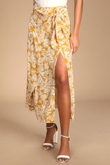 Ocean Breezes Mustard Yellow Tropical Print Faux-Wrap Midi Skirt