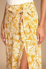 Ocean Breezes Mustard Yellow Tropical Print Faux-Wrap Midi Skirt