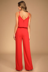 Make It a Date Coral Red Sleeveless Wide-Leg Jumpsuit