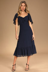 Only Lovers Navy Blue Swiss Dot Short Cape Sleeve Midi Dress