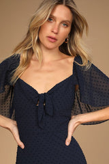 Only Lovers Navy Blue Swiss Dot Short Cape Sleeve Midi Dress