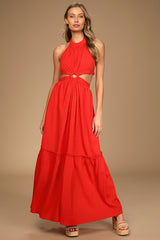 Island Vacay Red Tie-Back Maxi Dress