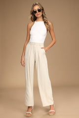 Never Miss Beige High-Waisted Wide-Leg Pleated Trouser Pants