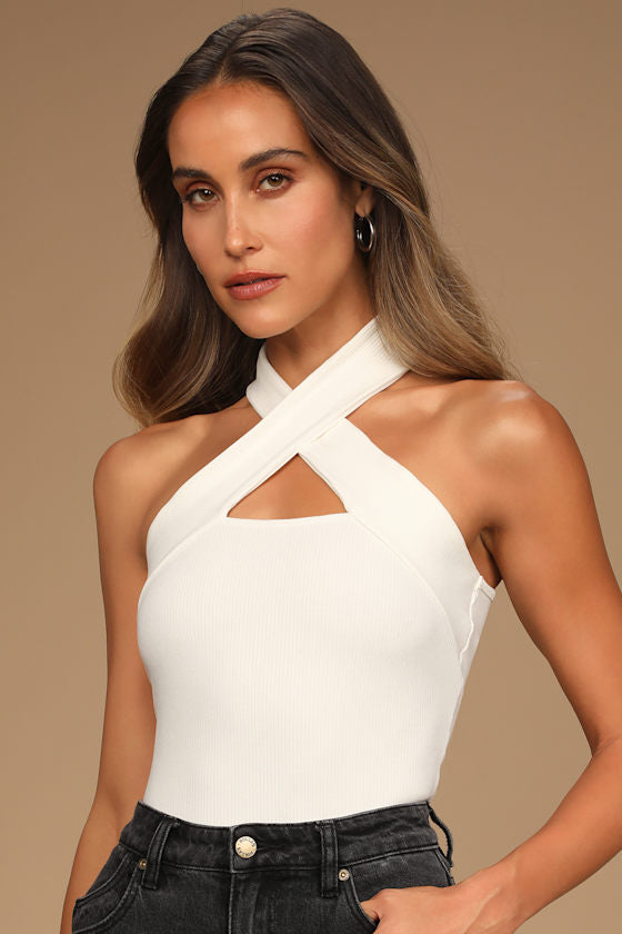 Essential Energy White Ribbed Sleeveless Cutout Cross-Front Top