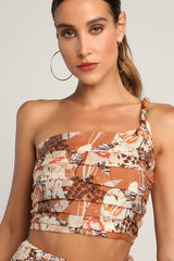 Something Wild Brown Multi Print Pleated One-Shoulder Crop Top