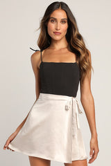 Ties to the World Cream Satin Wrap Mini Skirt