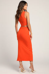 Spice Things Up Orange Ribbed One-Shoulder Cutout Midi Dress