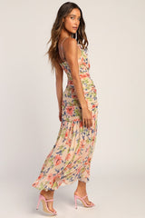 Stunning Soiree Blush Pink Floral Print Ruched Midi Dress