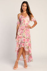 Watch Me Grow Pink Floral Print Cold-Shoulder High-Low Dress