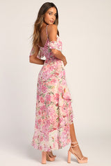 Watch Me Grow Pink Floral Print Cold-Shoulder High-Low Dress