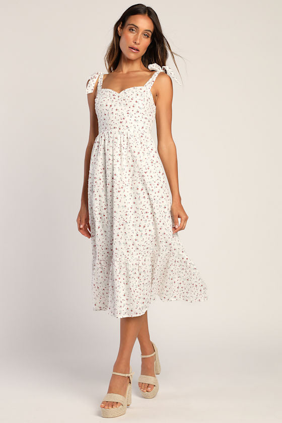 Garden Gorgeous White Floral Print Tie-Strap Midi Dress