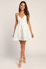 Floral Feelings White Floral Jacquard Babydoll Mini Dress