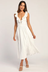 Sicilian Sun White Eyelet Embroidered Ruffled Lace-Up Midi Dress