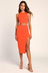 Absolute Edge Orange Sleeveless Two-Piece Bodycon Midi Dress