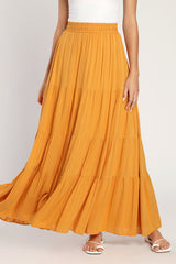 Sunset by the Sea Mustard Yellow Embroidered Tiered Maxi Skirt