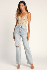 Essence of Elegance Beige Embroidered Bustier Bodysuit