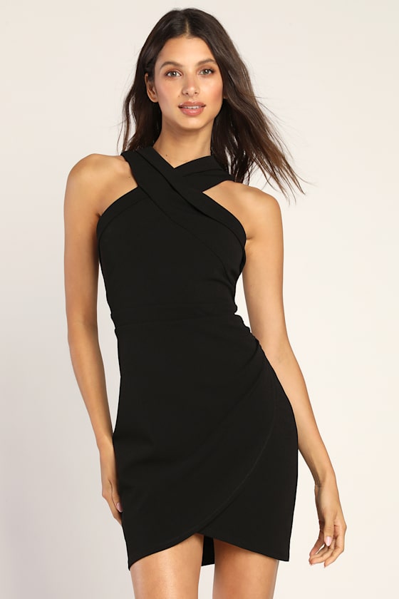 Headed to Cocktail Hour Black Halter Tulip Mini Dress