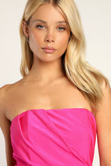 Total Treat Hot Pink Ruched Strapless Bodycon Mini Dress