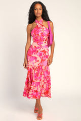 Always Eye-Catching Hot Pink Floral Tiered Halter Midi Dress