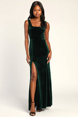 Elegant Sweetie Emerald Green Velvet Square Neck Maxi Dress