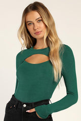 Flirty Little Secret Emerald Green Ribbed Cutout Long Sleeve Top