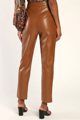 Kick It Brown Vegan Leather High-Waisted Trouser Pants