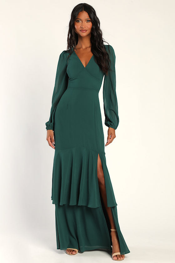 Tier Elegance Hunter Green Long Sleeve Tiered Maxi Dress