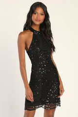 Glowing Entrance Black Sequin Sleeveless Halter Mini Dress
