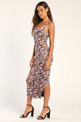 V.I.P. Treatment Black Floral Mesh Ruched Bodycon Midi Dress
