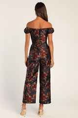 New Glam Midnight Blue Floral Jacquard Off-the-Shoulder Jumpsuit