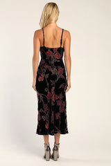 Divine Allure Black Floral Burnout Velvet Midi Dress