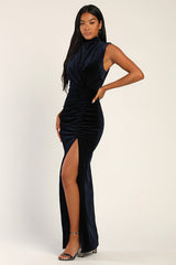 Alluring Image Navy Blue Ruched Velvet Mock Neck Maxi Dress
