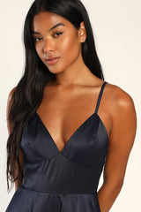Going with Elegance Navy Blue Satin Tiered Gown