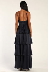 Going with Elegance Navy Blue Satin Tiered Gown