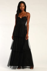 Tulle-y Amazing Black Tulle Sleeveless Bustier Maxi Dress