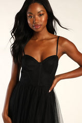 Tulle-y Amazing Black Tulle Sleeveless Bustier Maxi Dress