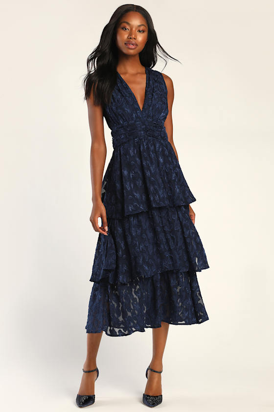 Make It Mesmerizing Navy Blue Jacquard Tiered Midi Dress
