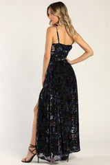 Pretty Companion Black Floral Velvet Burnout Maxi Dress