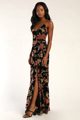 Alluring Blooms Black Floral Burnout Velvet Maxi Dress