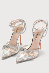 Lullie Silver Vinyl Rhinestone Ankle Strap Pointed-Toe Pumps