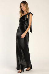 Lavish Looks Black Satin One-Shoulder Tie-Strap Maxi Dress