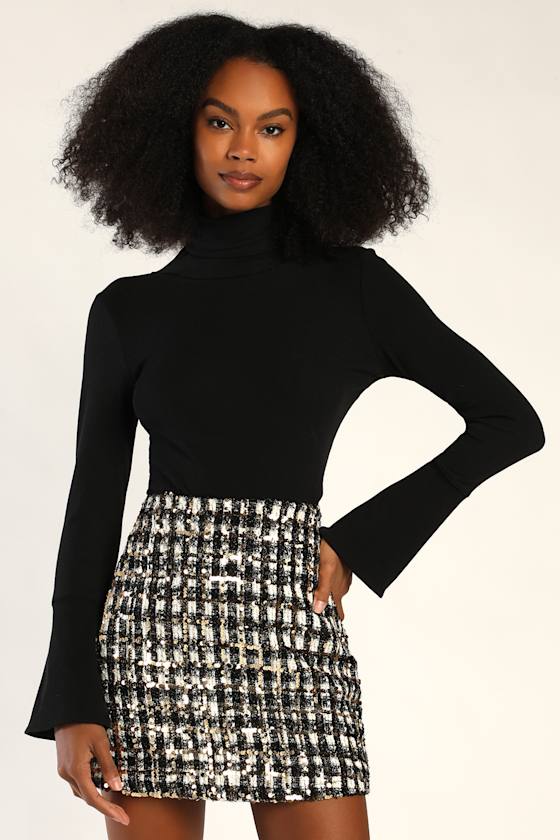 Bubbly Vibe Black White and Gold Sequin Boucle Mini Skirt