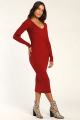 Everyday Beauty Rust Red Long Sleeve Ribbed Knit Sweater Dress