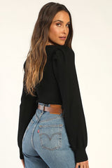 Trendy Classic Black Ribbed Knit Balloon Sleeve Top