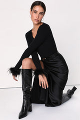Material Girl Black Ribbed Feather Cuff Sweater Top