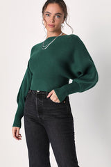 Classically Cozy Dark Green Ribbed Dolman Sleeve Cropped Sweater